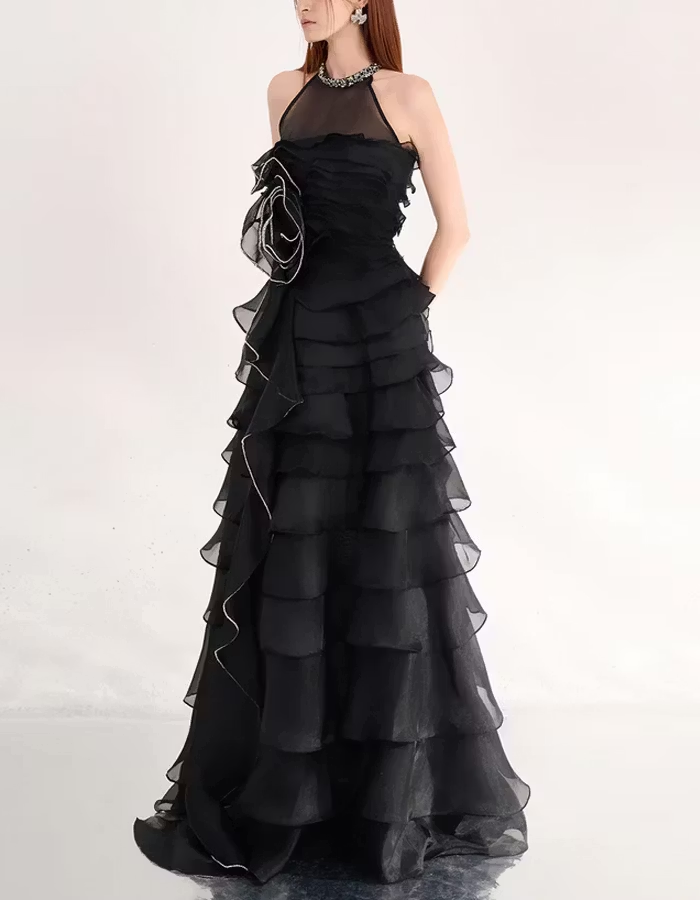 Black A-line Ruffled Layered Organza Maxi Dress