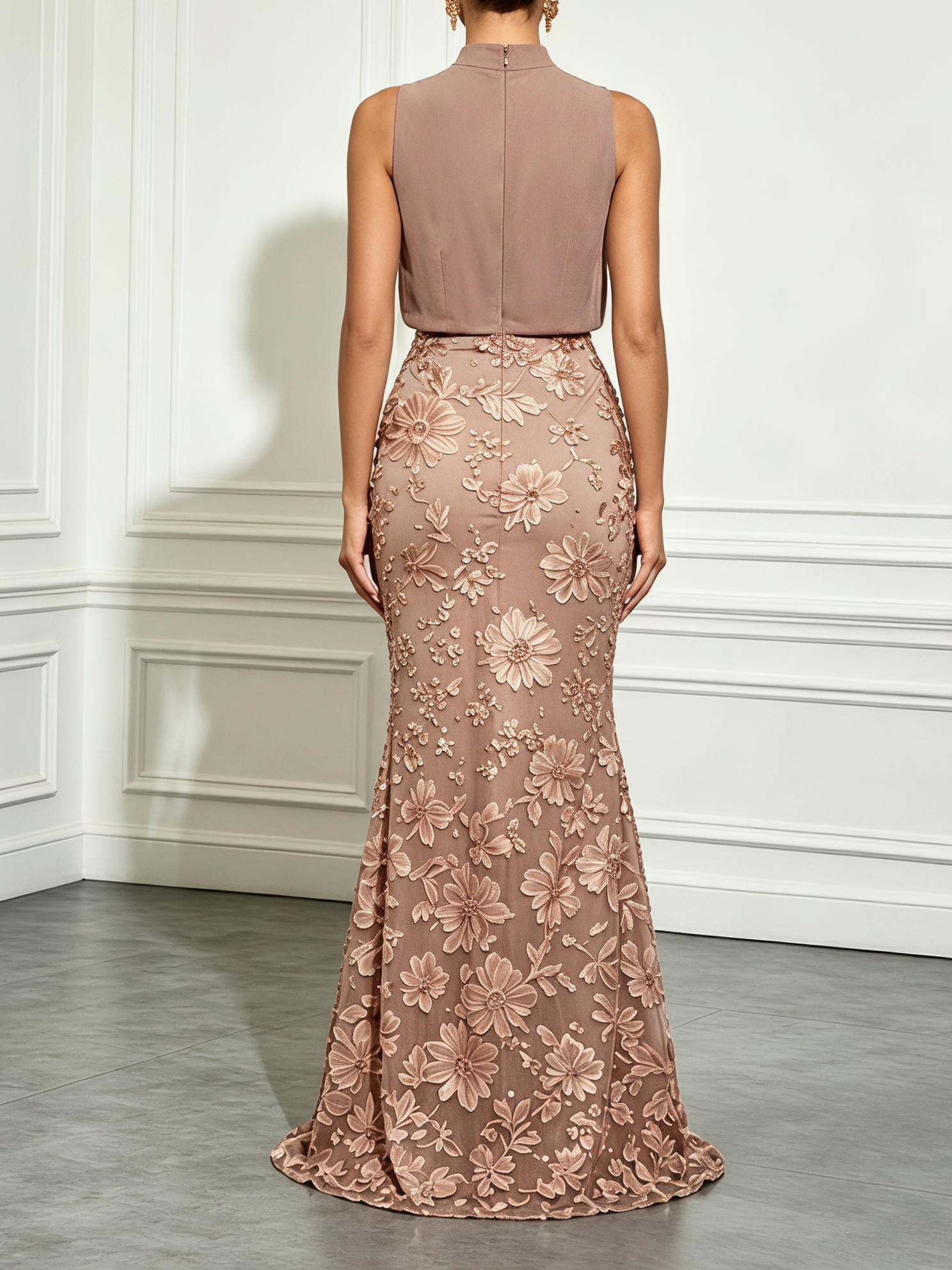 Light Brown Jacquard Ruched Classic Mock Neck Sleeveless Mermaid Maxi Dress