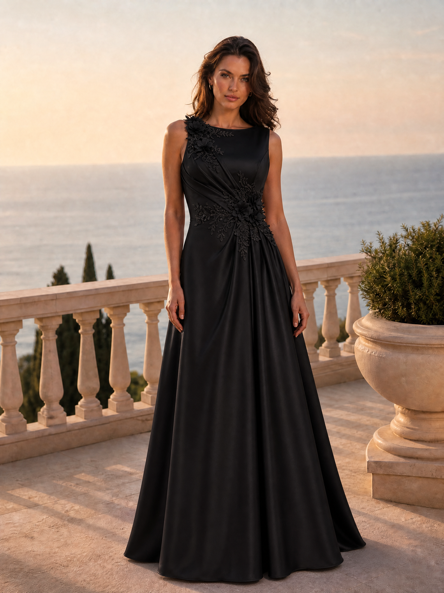 Black Sleeveless Lace Floral Appliqued A Line Maxi Dress