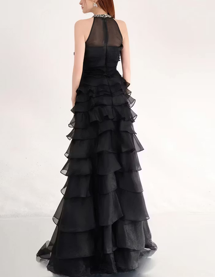 Black A-line Ruffled Layered Organza Maxi Dress