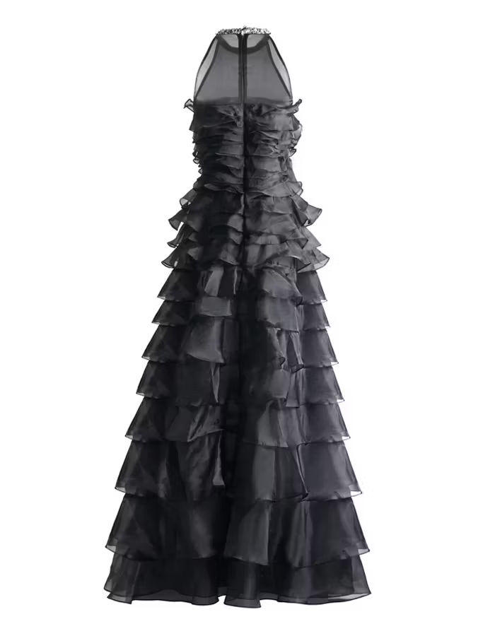 Black A-line Ruffled Layered Organza Maxi Dress