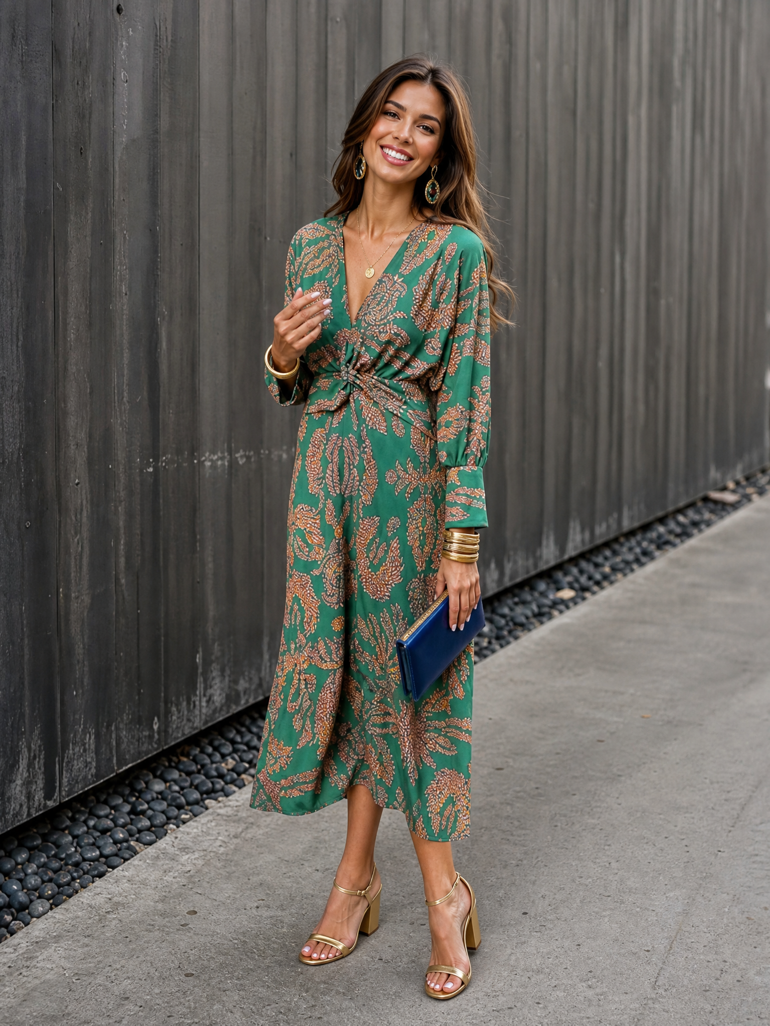 Plunging V-Neck Front-Knot Long Sleeve Botanical Print Midi Satin Dress