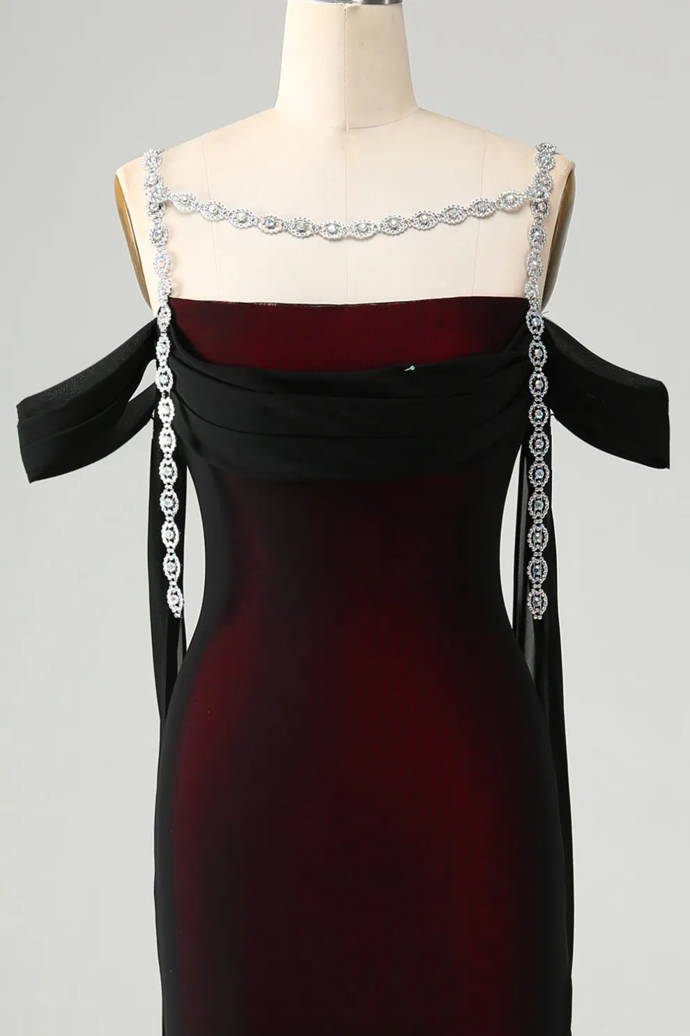 Black Red Mermaid Off the Shoulder Beaded Bridesmaid Dress with Slit
