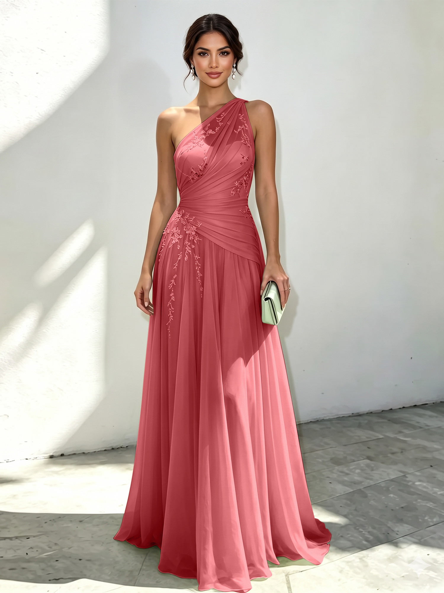 Mint Green Applique 3D Floral Chiffon One Shoulder Sleeveless A-Line Floor Length Dress