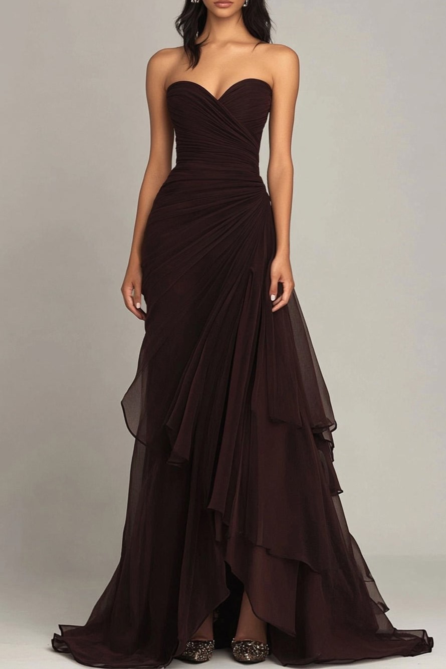 Strapless Dark Brown Sweetheart Ruched Sheath Formal Dress