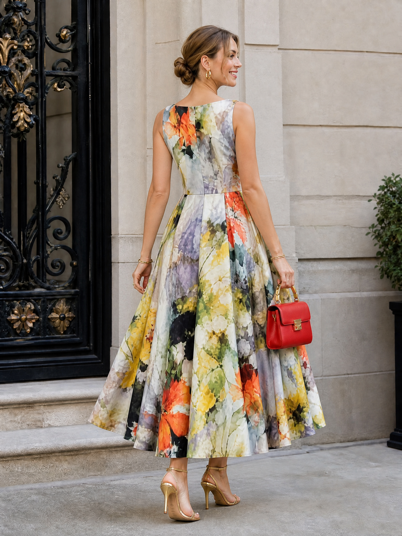 Round Neck Sleeveless Watercolor Floral Print Calf-Length A-Line Midi Dress