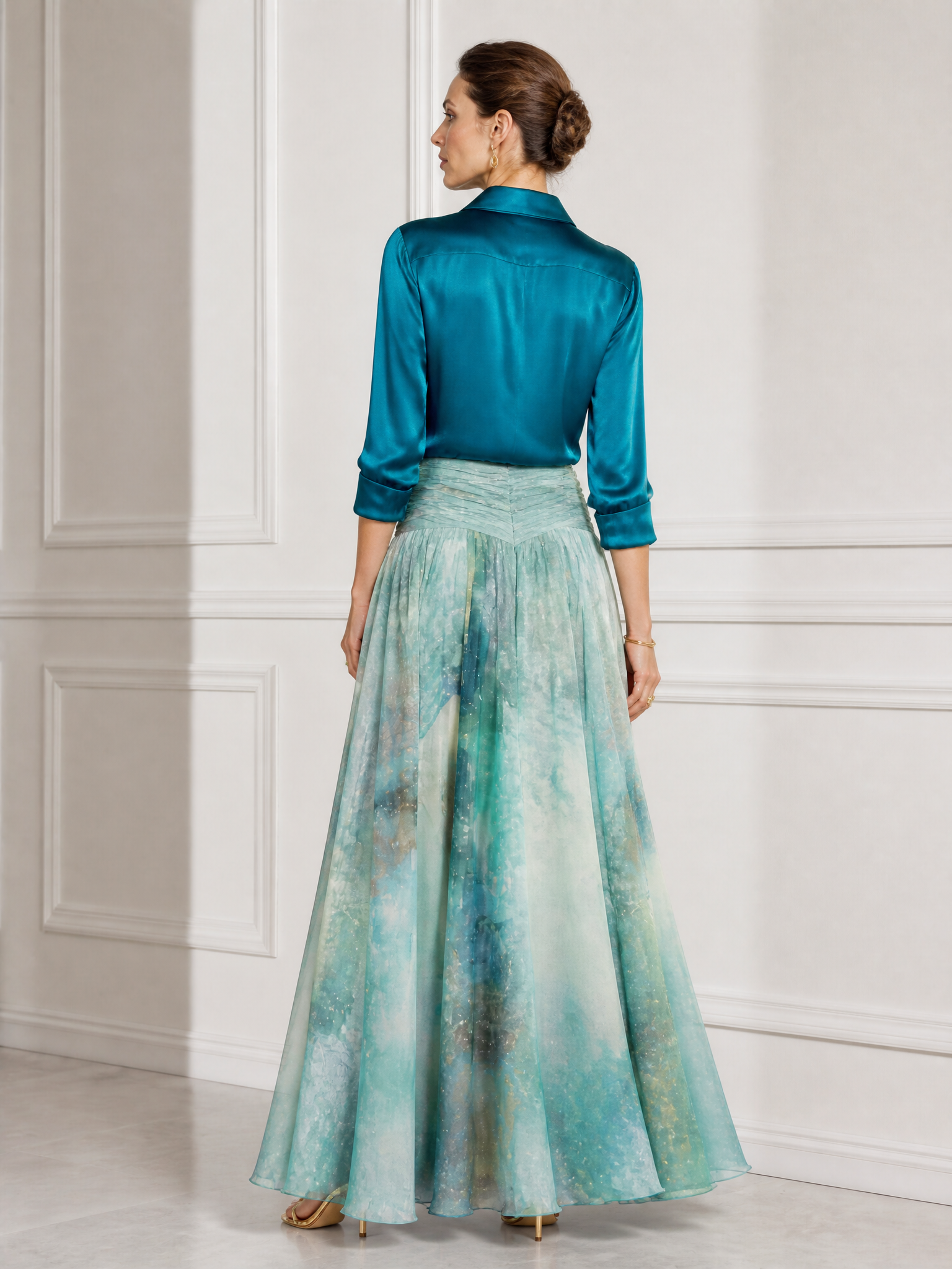 Teal Watercolor Print Long-Sleeve A-Line Floor-Length Gown Dress