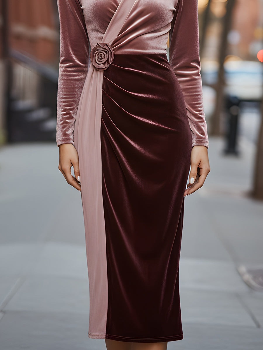 Flower Decoration Velvet Contrast Midi Dress