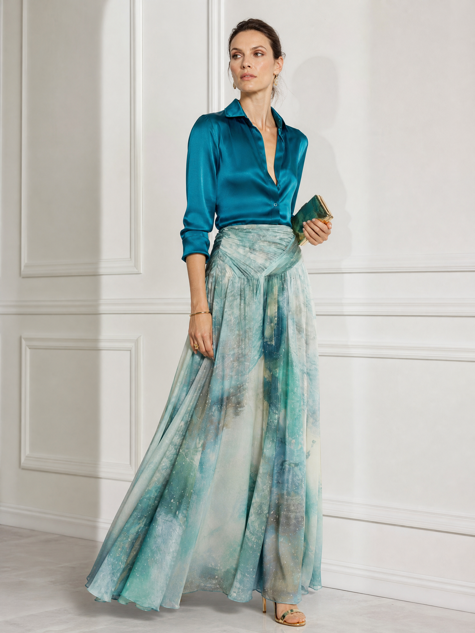 Teal Watercolor Print Long-Sleeve A-Line Floor-Length Gown Dress