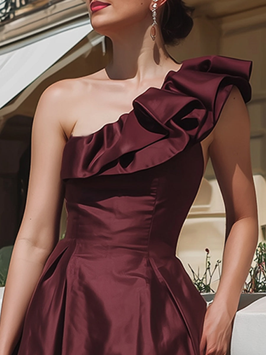 Burgundy Elegant One-Shoulder Ruffle Midi Dress