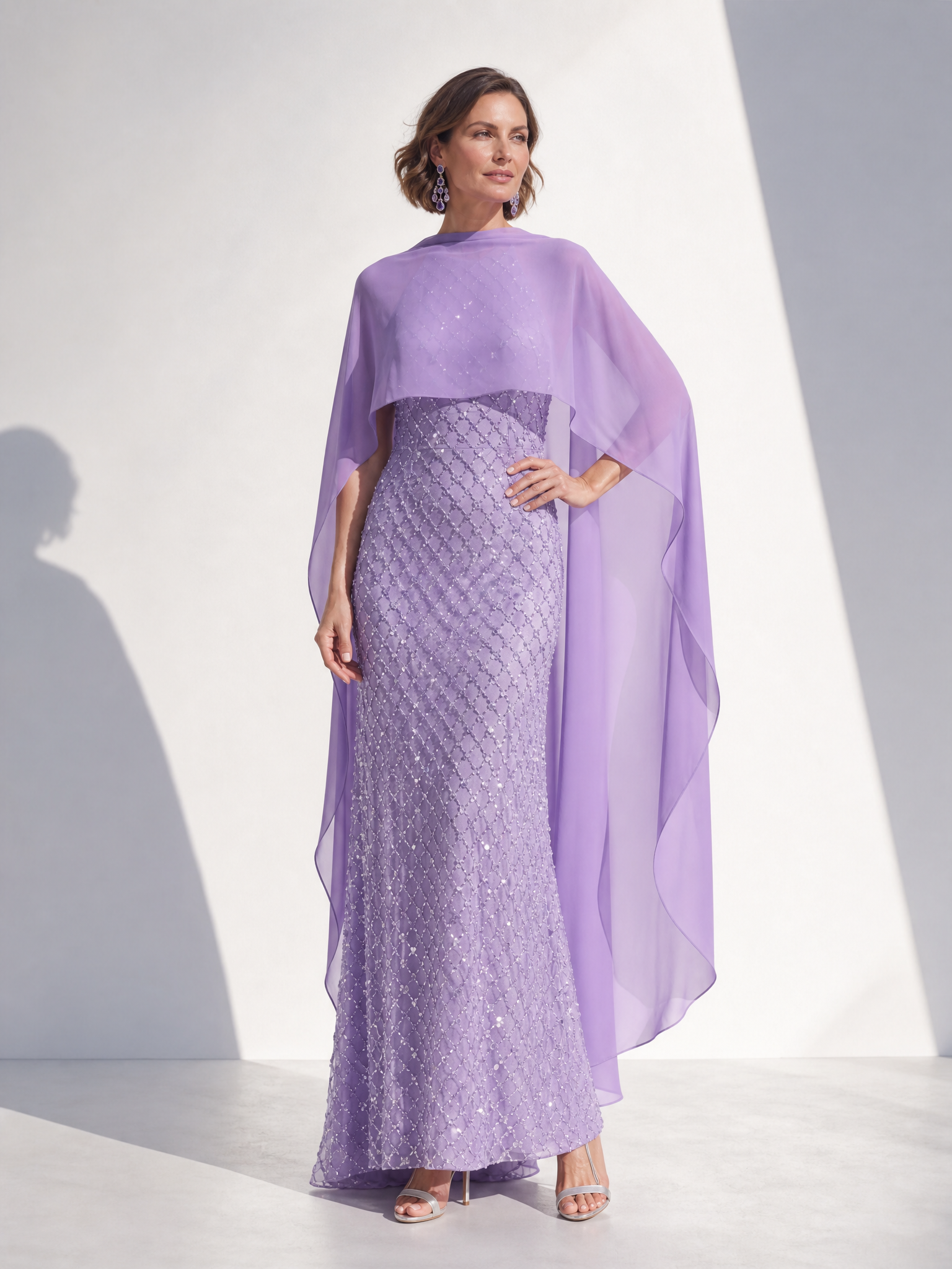 Lavender Beaded Sheath Maxi Gown Dress with Matching Chiffon Capelet