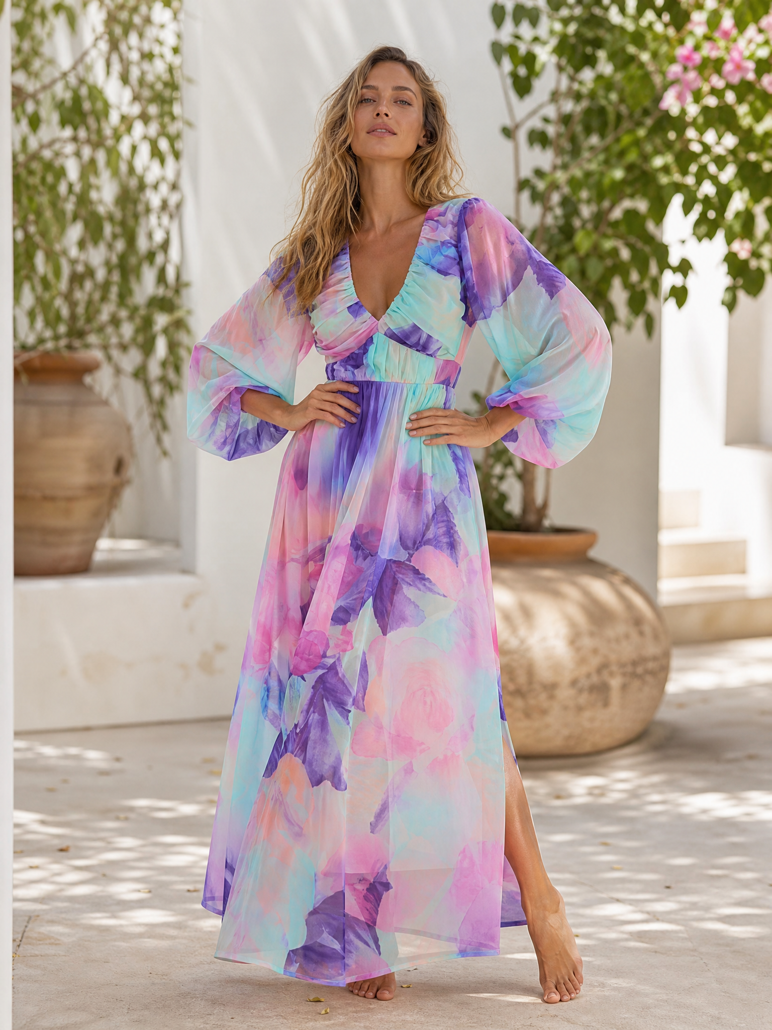 Pastel Watercolor Long-Sleeve V-Neck A-Line Maxi Gown Dress