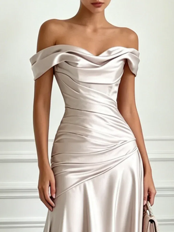 Champagne Off-The-Shoulder Ruched Satin Gown with Train