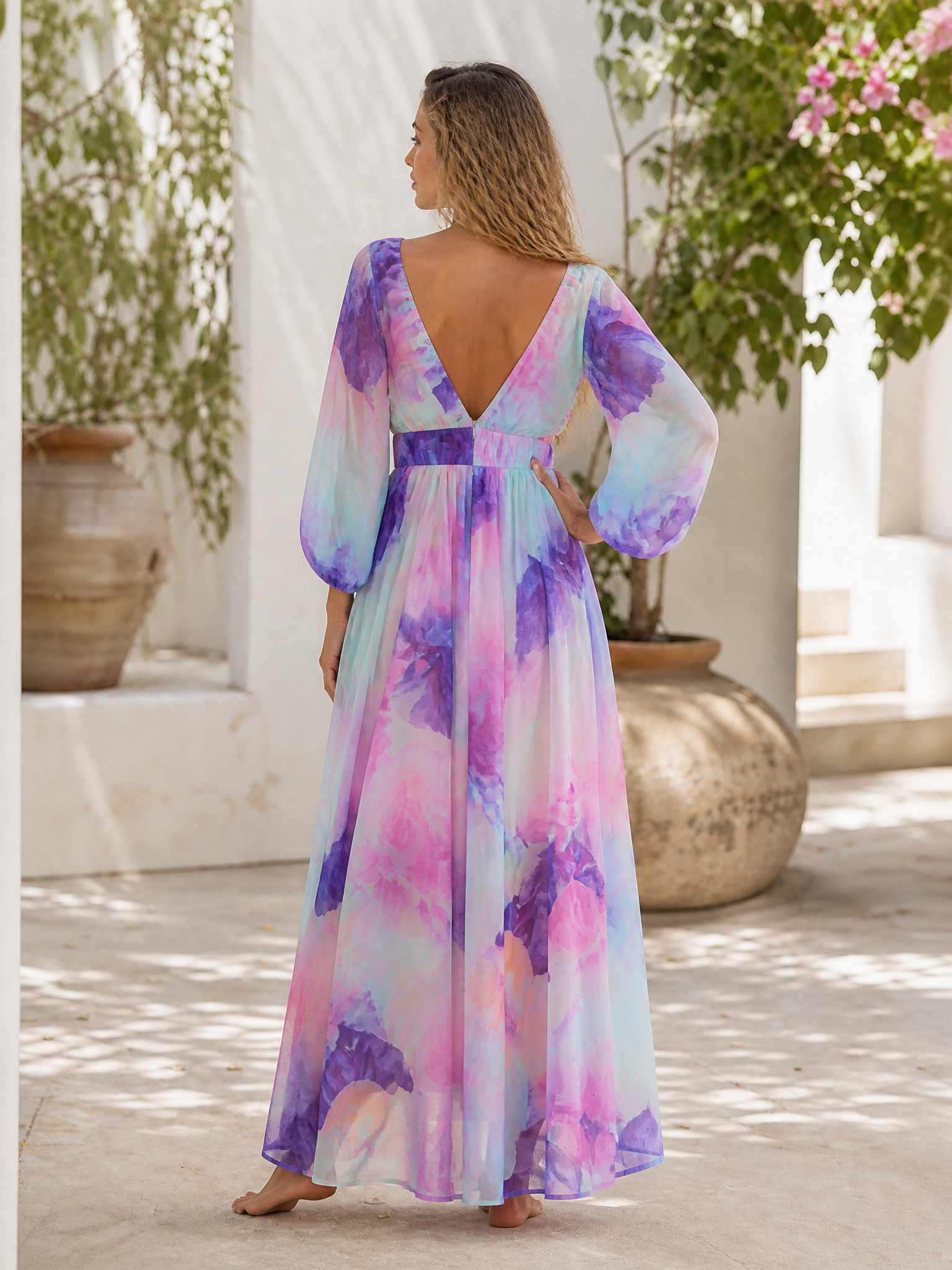 Pastel Watercolor Long-Sleeve V-Neck A-Line Maxi Gown Dress