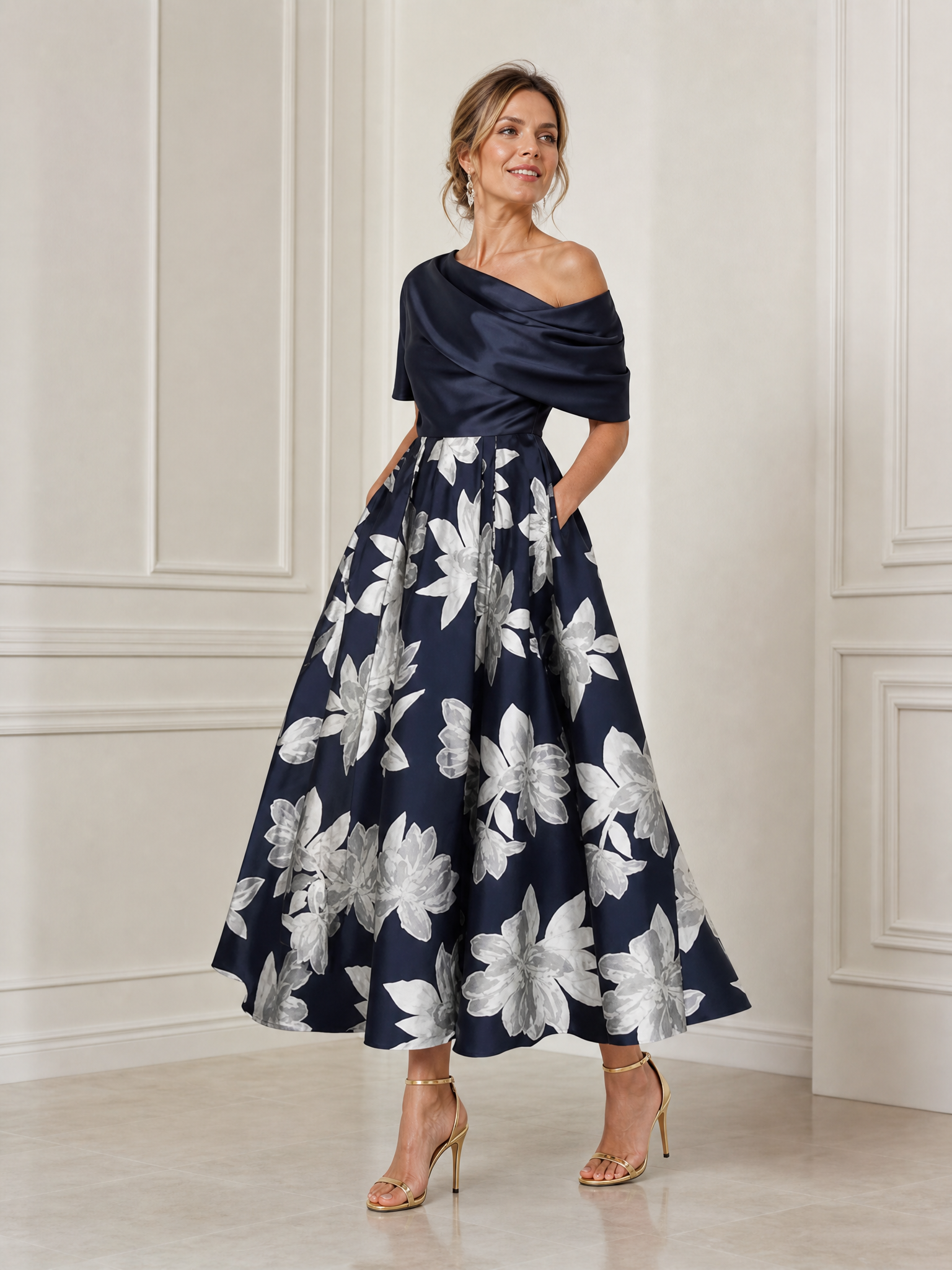 Navy Blue Romance Draped Satin Floral Off-The-Shoulder A-Line Midi Gown Dress
