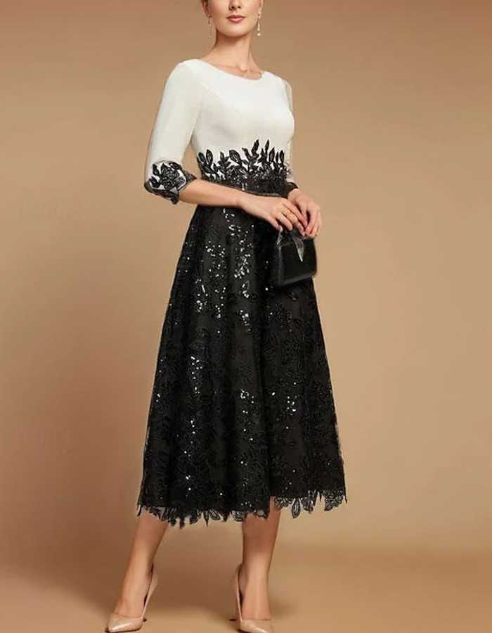 A-line Lace Colorblock Midi Dress
