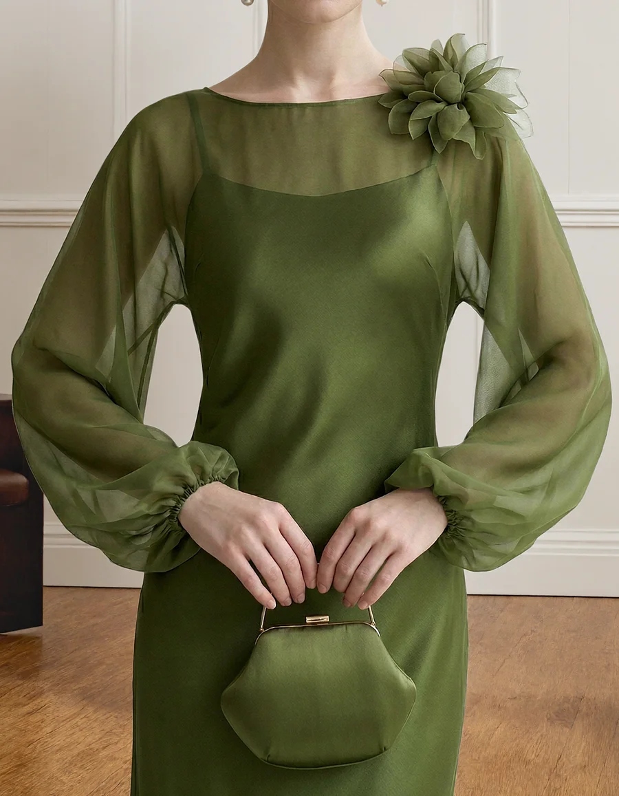 Green Chiffon Paired Satin Camisole Flowers Maxi Dress