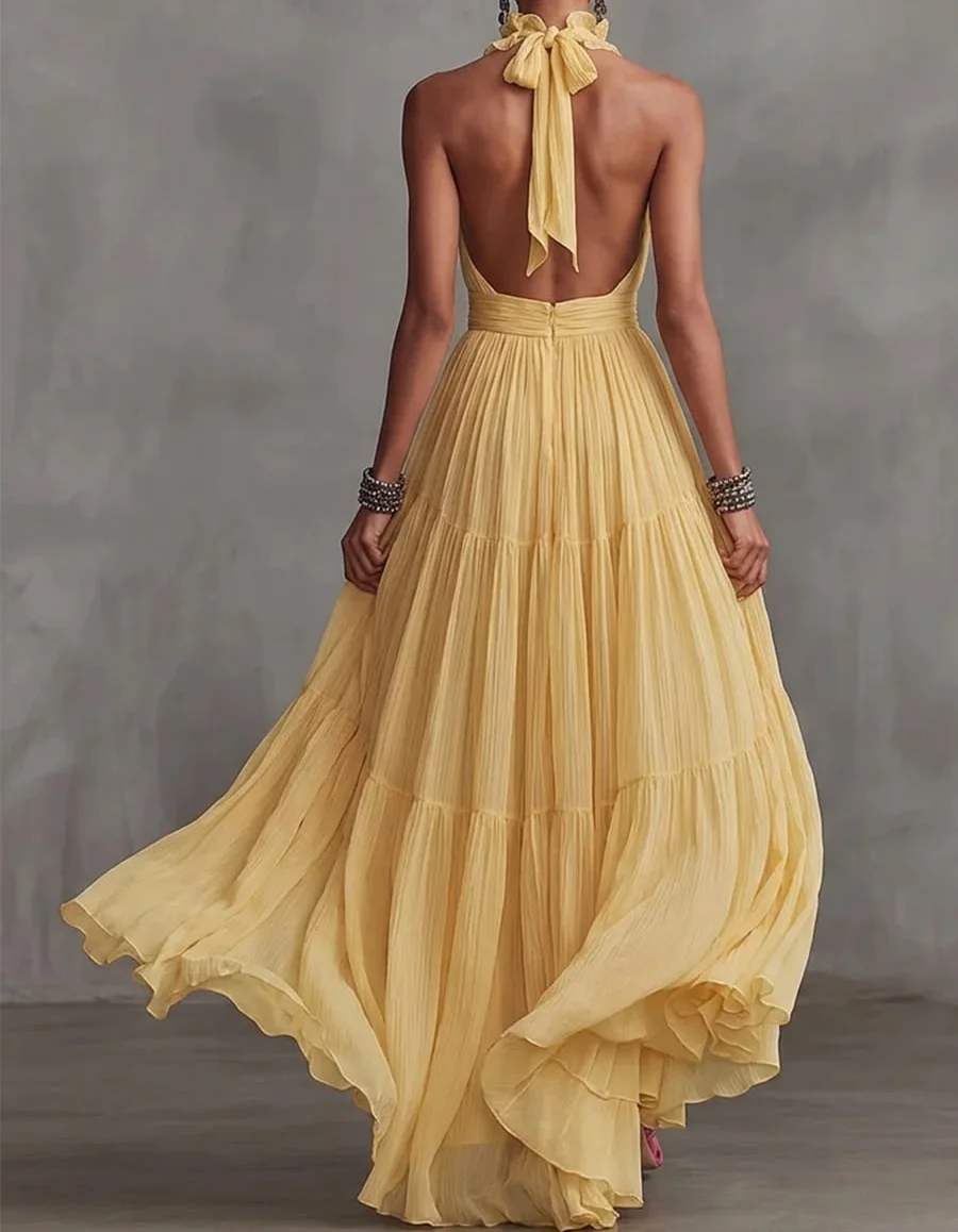 Chiffon V-neck Halter Neck Ruffled Trim Cinched Waist Maxi Dress