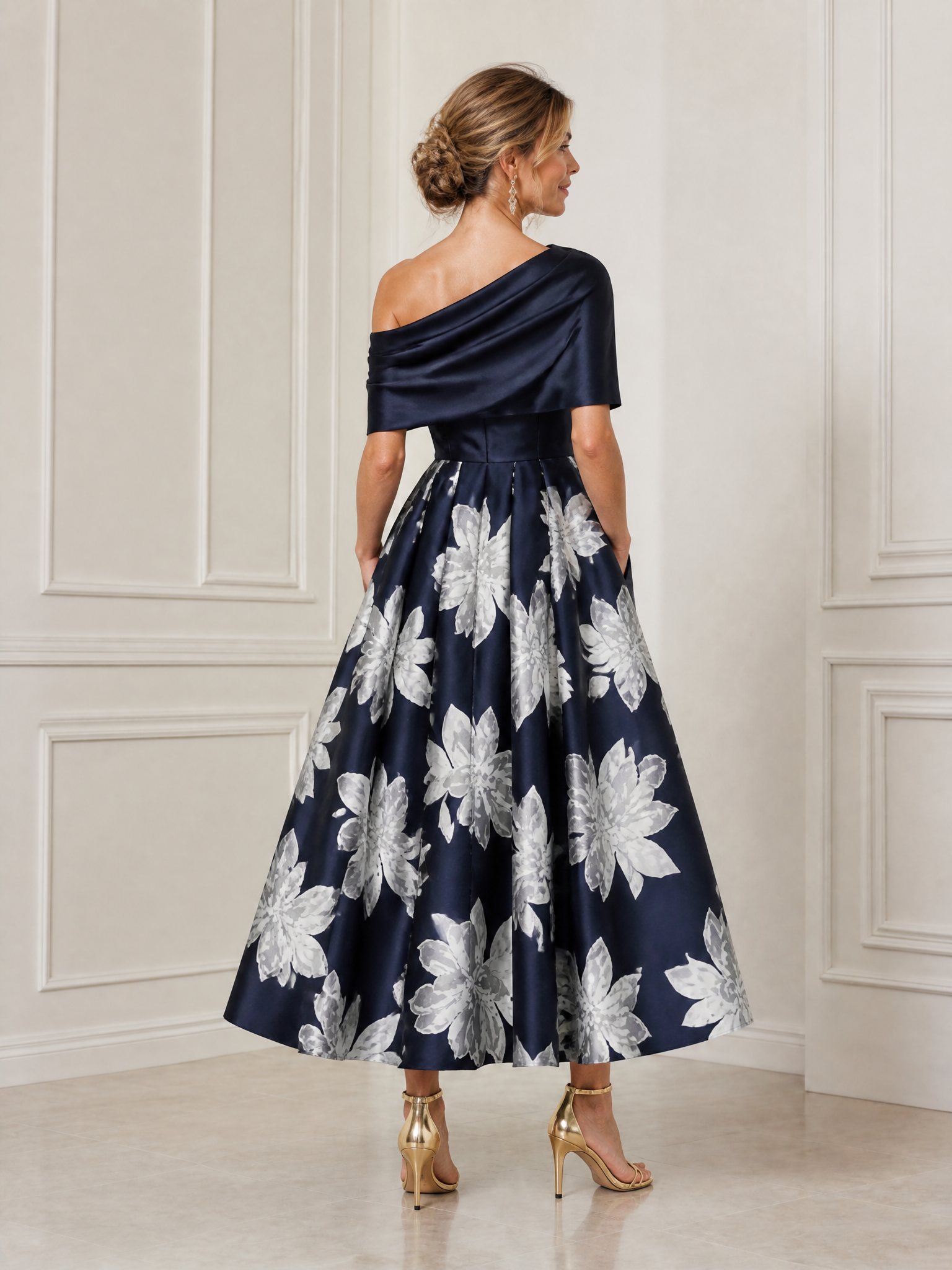 Navy Blue Romance Draped Satin Floral Off-The-Shoulder A-Line Midi Gown Dress