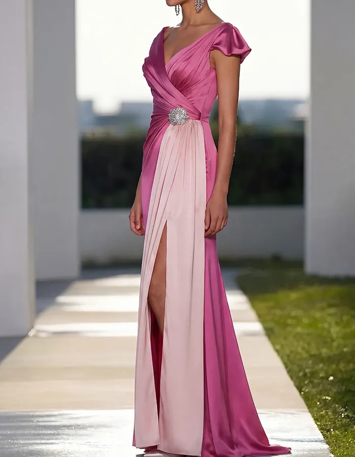 Two-Tone Magenta & Blush Pink Off-the-Shoulder Satin Mermaid Maxi Dress