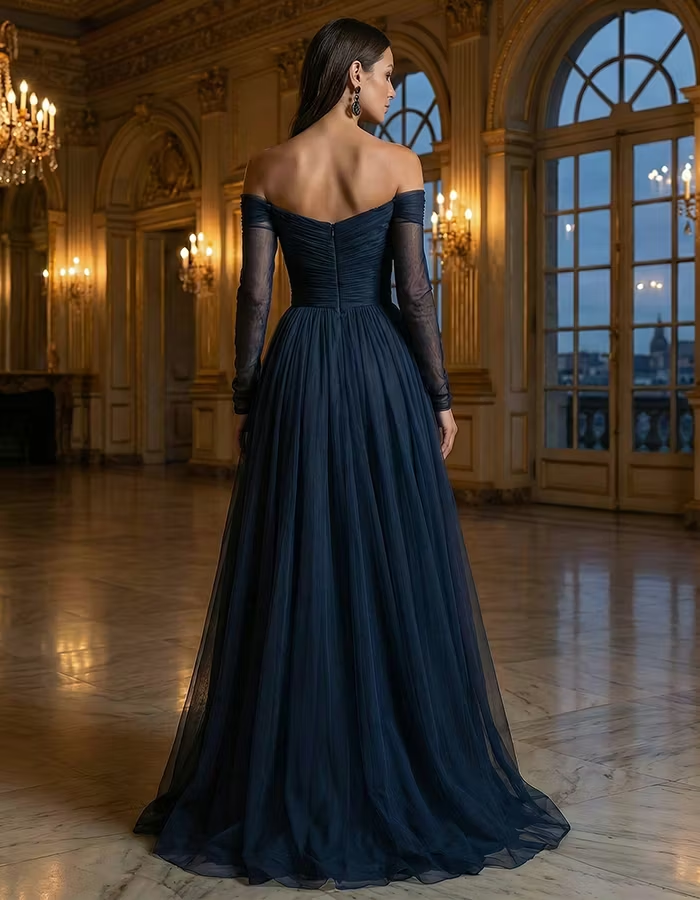 Navy Blue Chiffon Off-shoulder Long Sleeve Maxi Dress