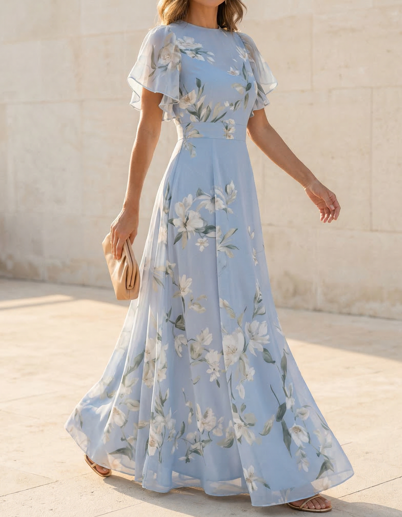 Light Blue Chiffon Round Neck Ruffle Print Maxi Dress