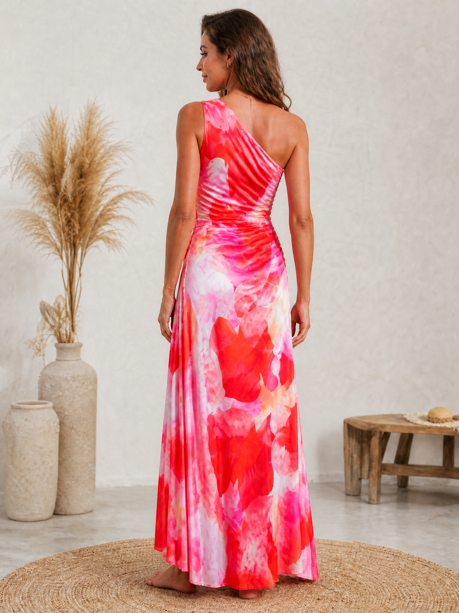 Hot Pink Floral One-Shoulder Floor-Length Gown Dress With High Slit