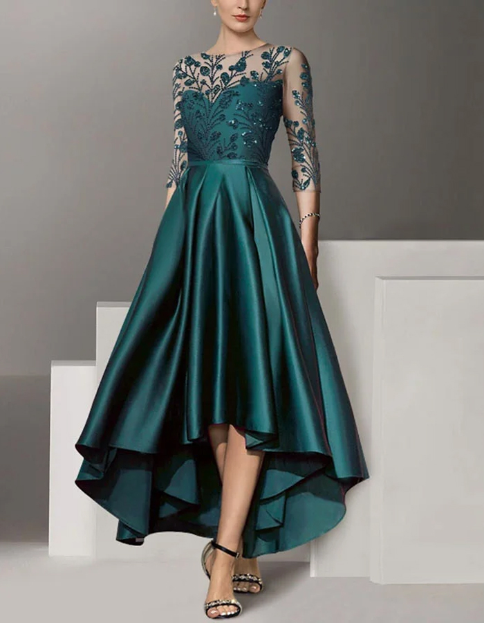 Round Neck Lace Solid Color Midi Dress