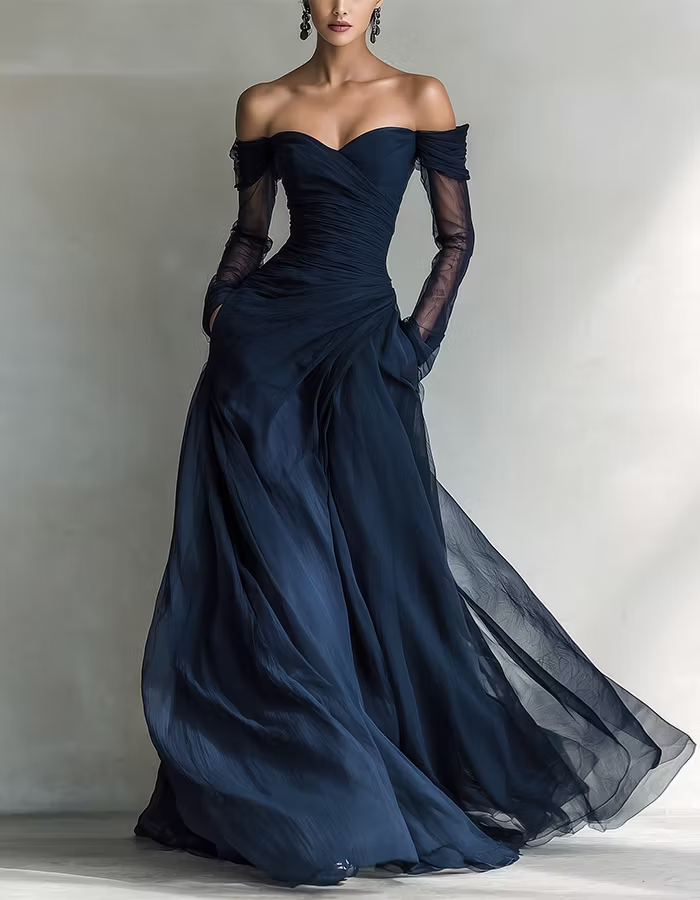 Navy Blue Chiffon Off-shoulder Long Sleeve Maxi Dress