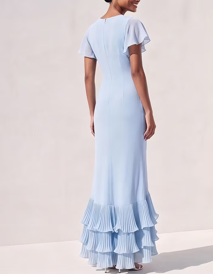 Light Blue Chiffon Round Neck with Ruffle Hem Maxi Dress