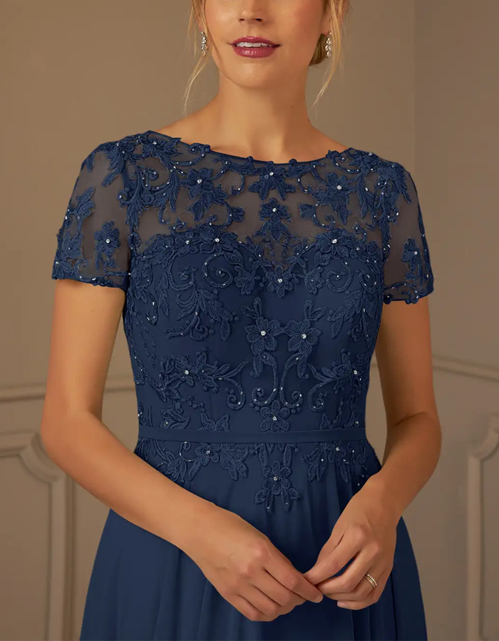 Dark Navy Sequined Chiffon A-Line Maxi Dress