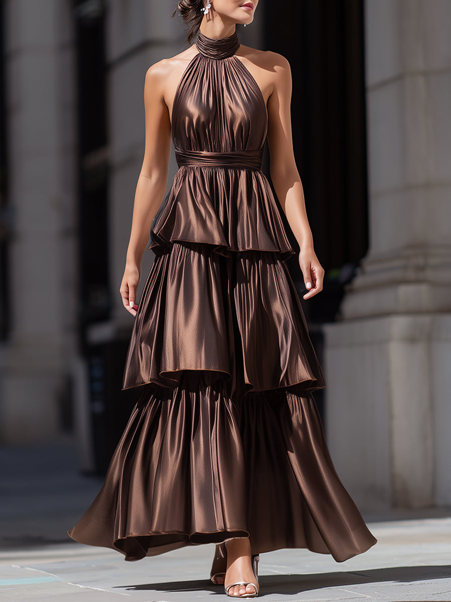 Tiered Halter Neck Ruffle Maxi Dress