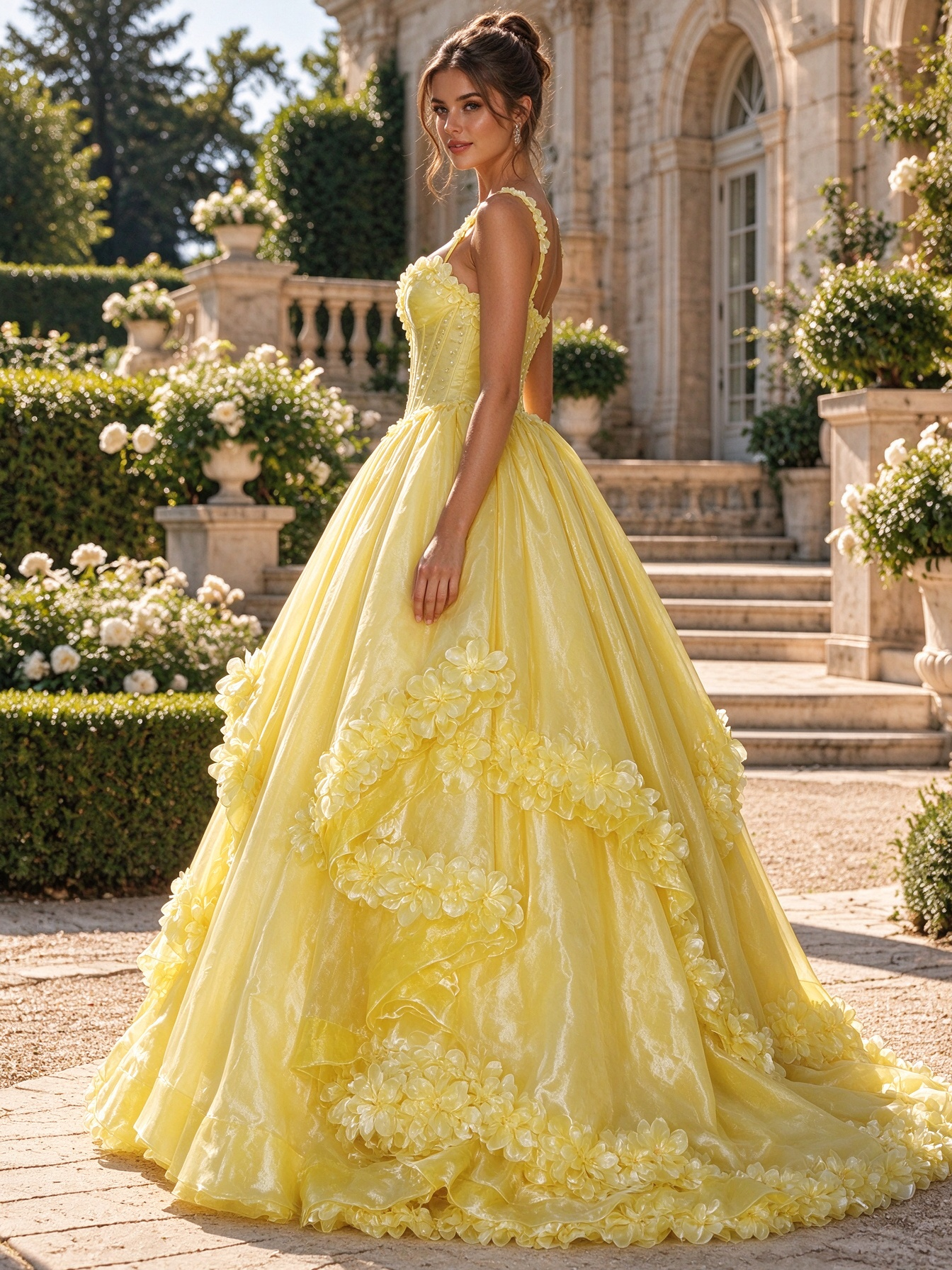Yellow 3D Floral Corset Prom Dress with Layered Princess Skirt – Dresoria