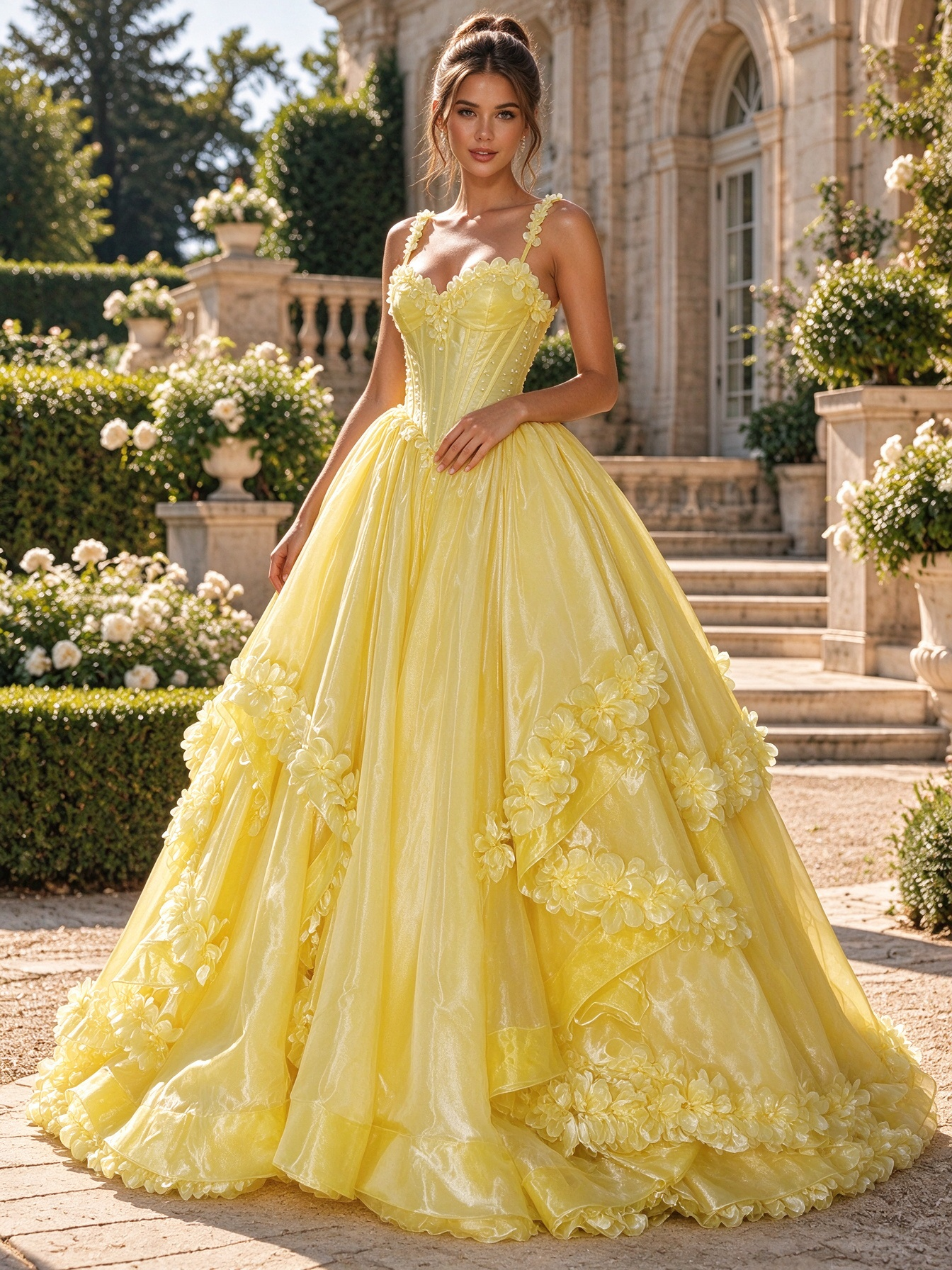 Yellow 3D Floral Corset Prom Dress with Layered Princess Skirt – Dresoria