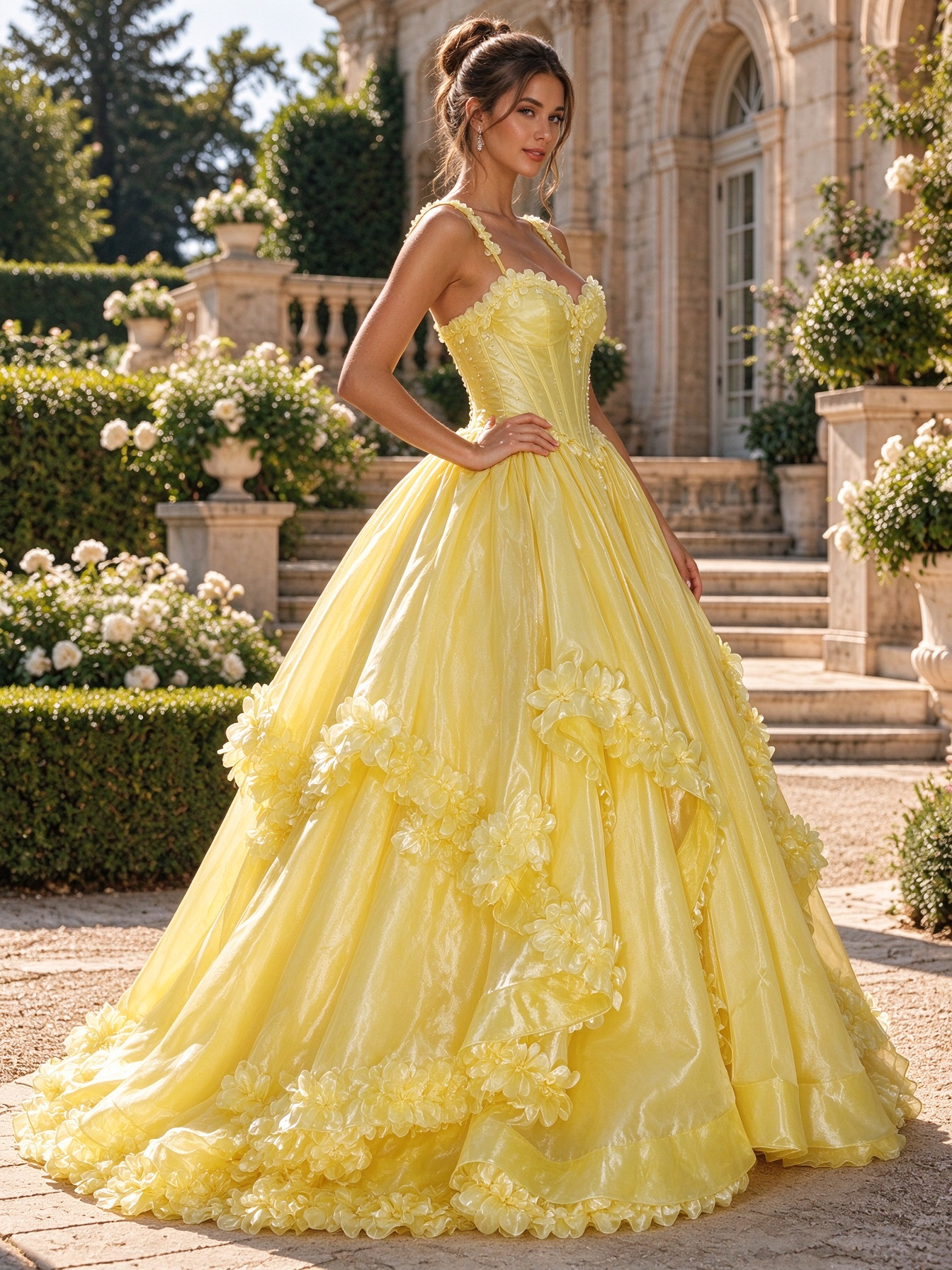 Yellow 3D Floral Corset Prom Dress with Layered Princess Skirt – Dresoria