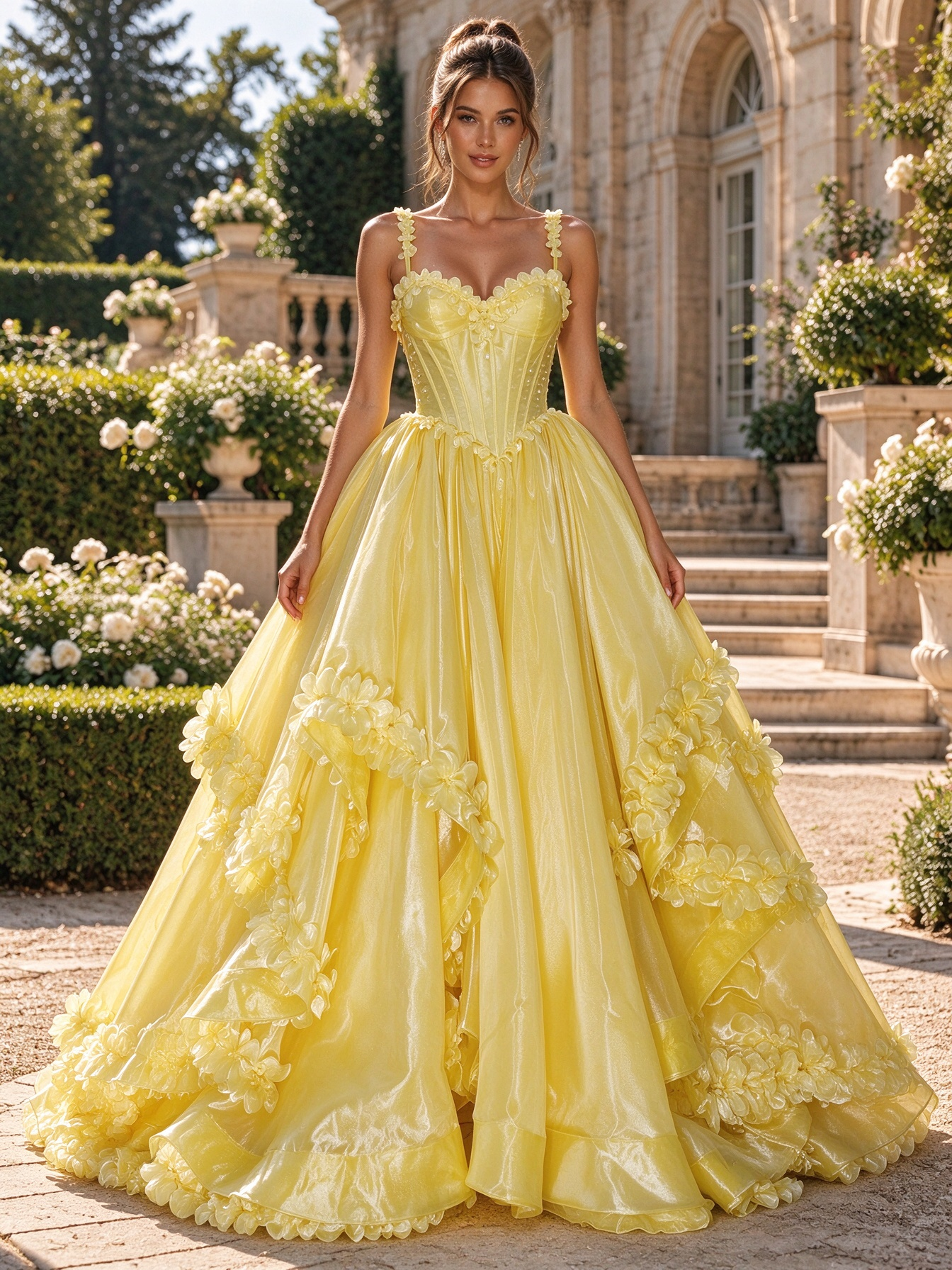 Yellow 3D Floral Corset Prom Dress with Layered Princess Skirt – Dresoria
