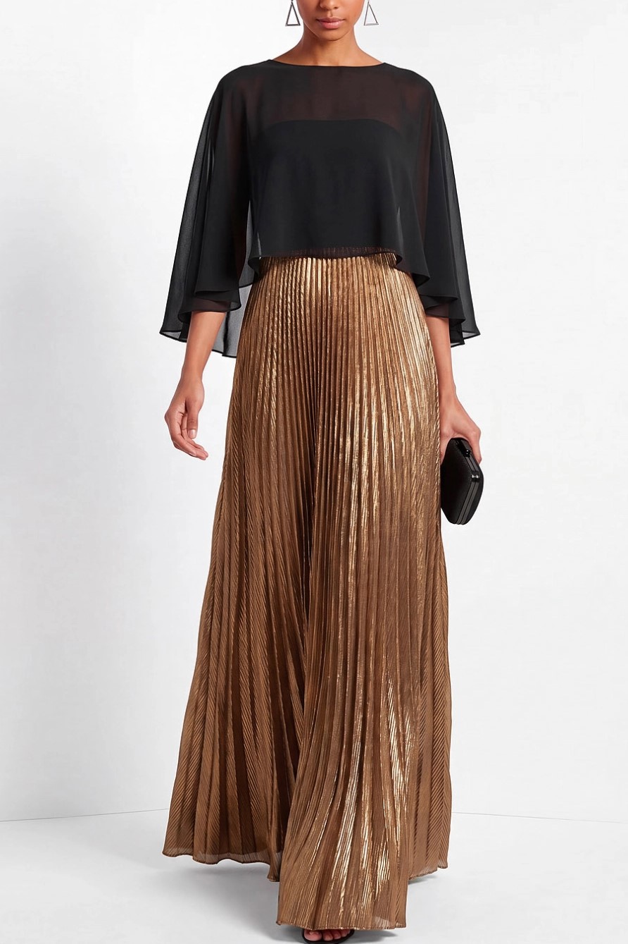 Sheer Capelet Overlay Pleated Metallic Maxi Dress