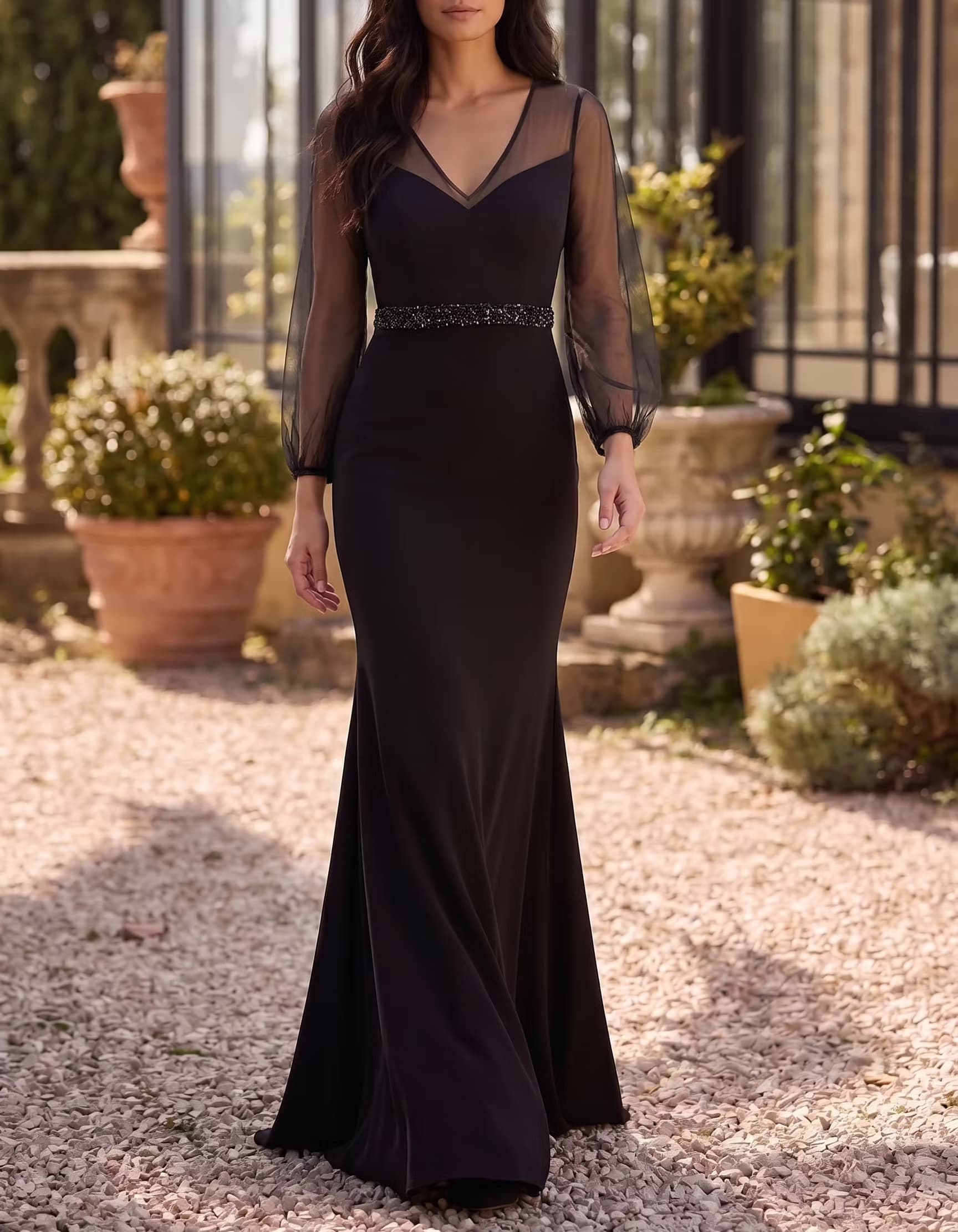 Black V-Neck Sheer Long Sleeve Beaded Waist Mermaid Dress