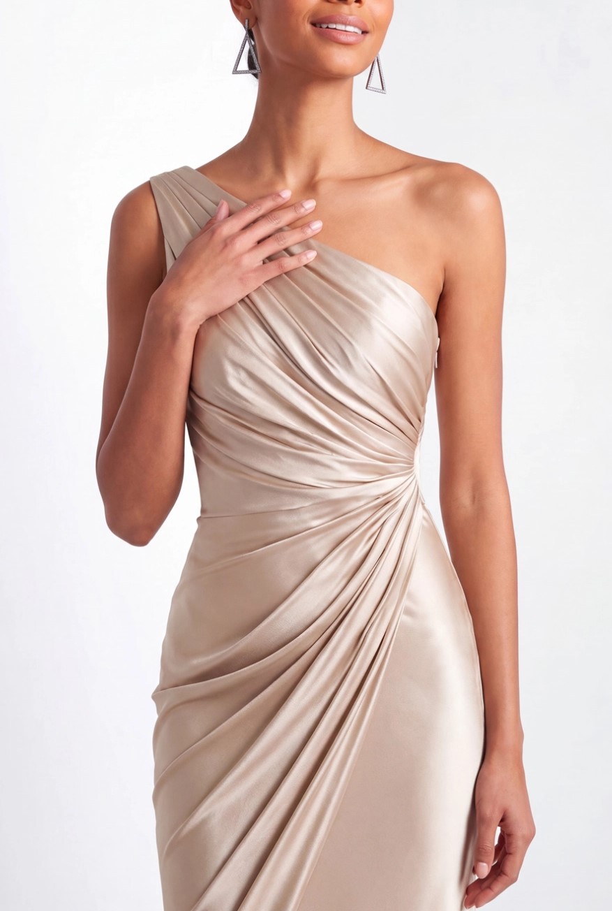 Champagne Satin One Shoulder Maxi Dress