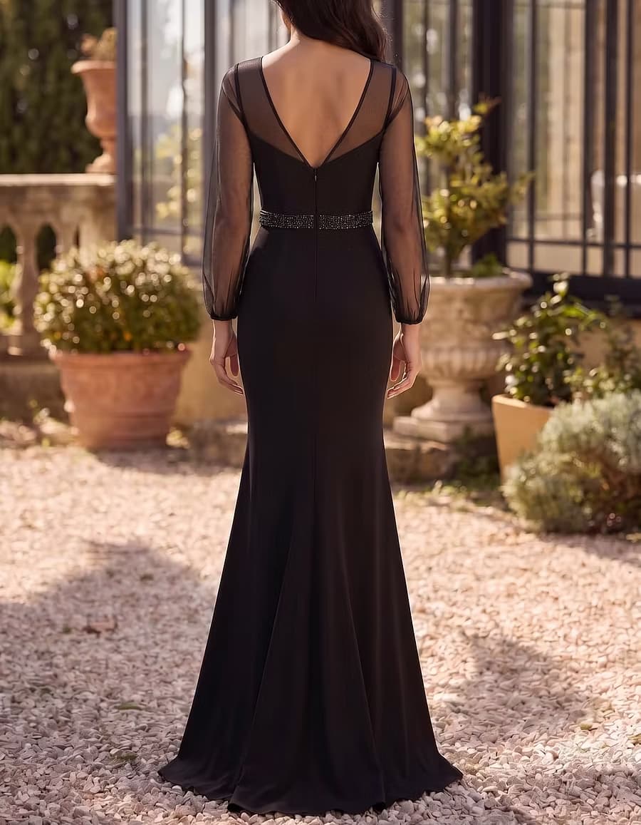 Black V-Neck Sheer Long Sleeve Beaded Waist Mermaid Dress