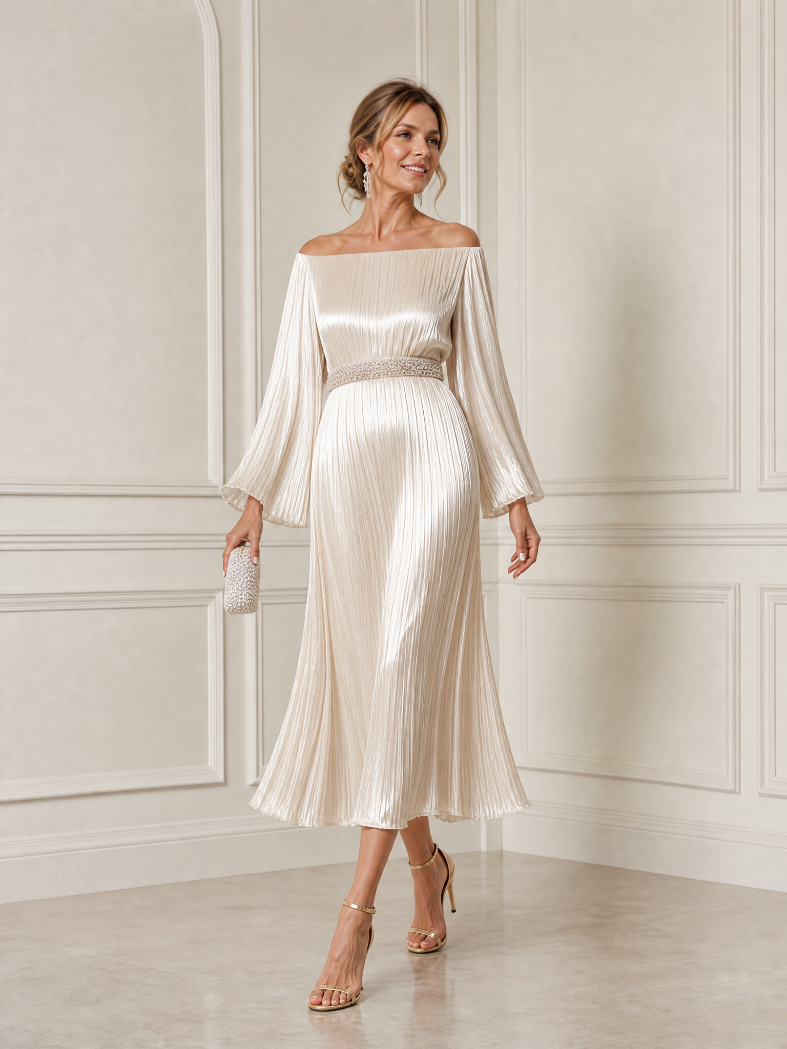 Champagne Shimmer Pleated Off-the-Shoulder Midi Gown Dress with Bell Sleeves