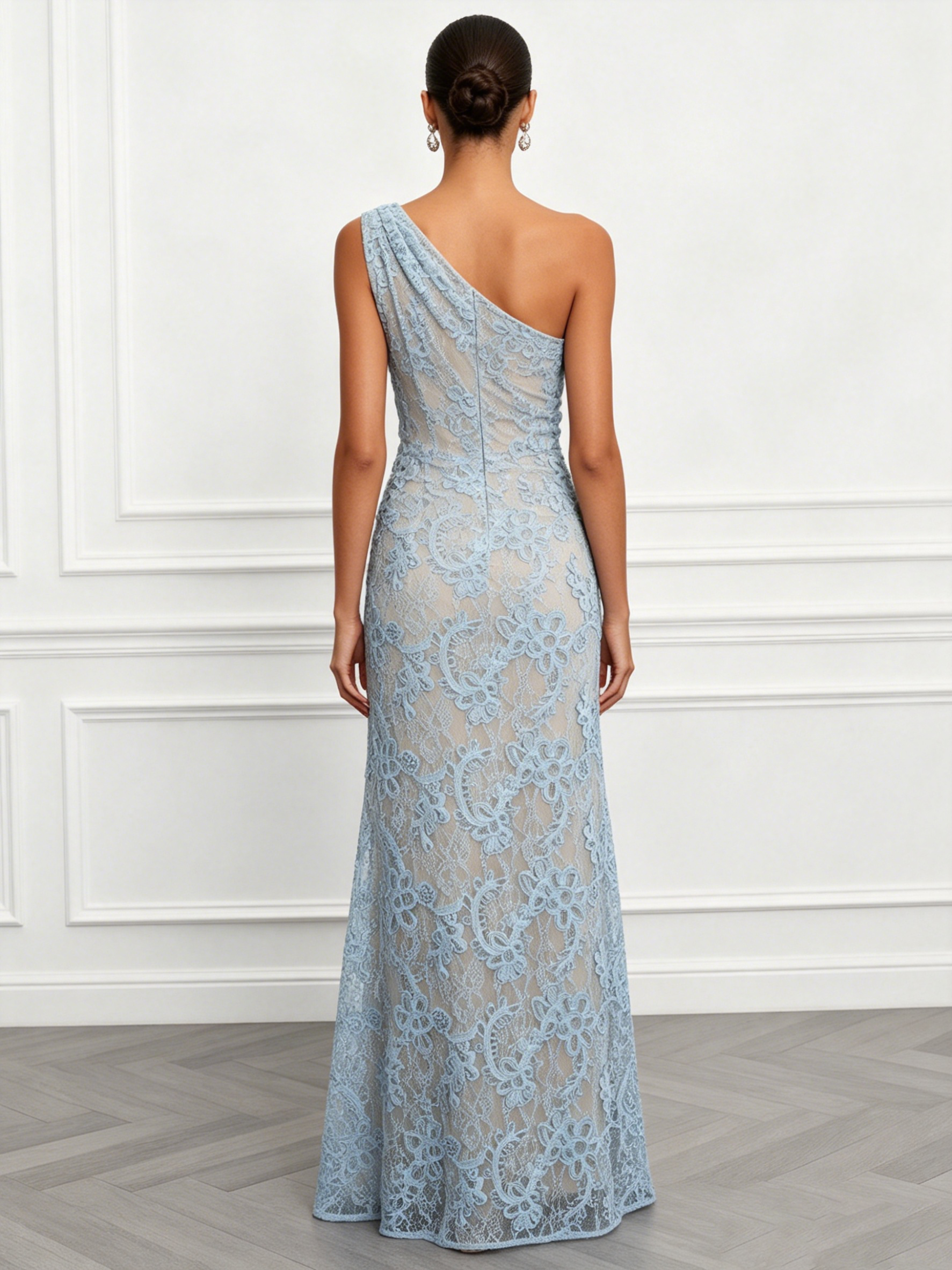 Light Blue Lace Jacquard One Shoulder Sleeveless Mermaid Maxi Dress