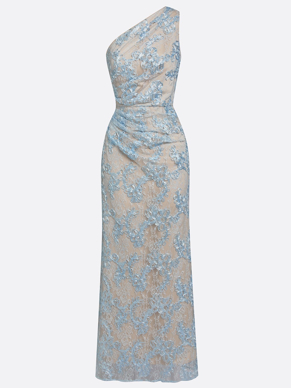 Light Blue Lace Jacquard One Shoulder Sleeveless Mermaid Maxi Dress