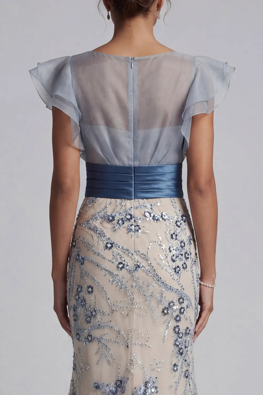 Champagne Sheer Ruffled Sleeve Blue Beaded Mermaid Dress
