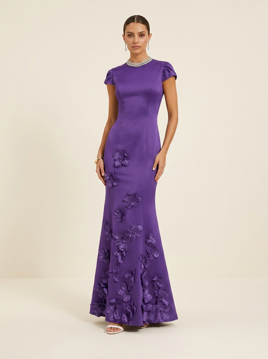 Dusty Blue Beaded Mock Neck Floral Appliqué Mermaid Maxi Dress