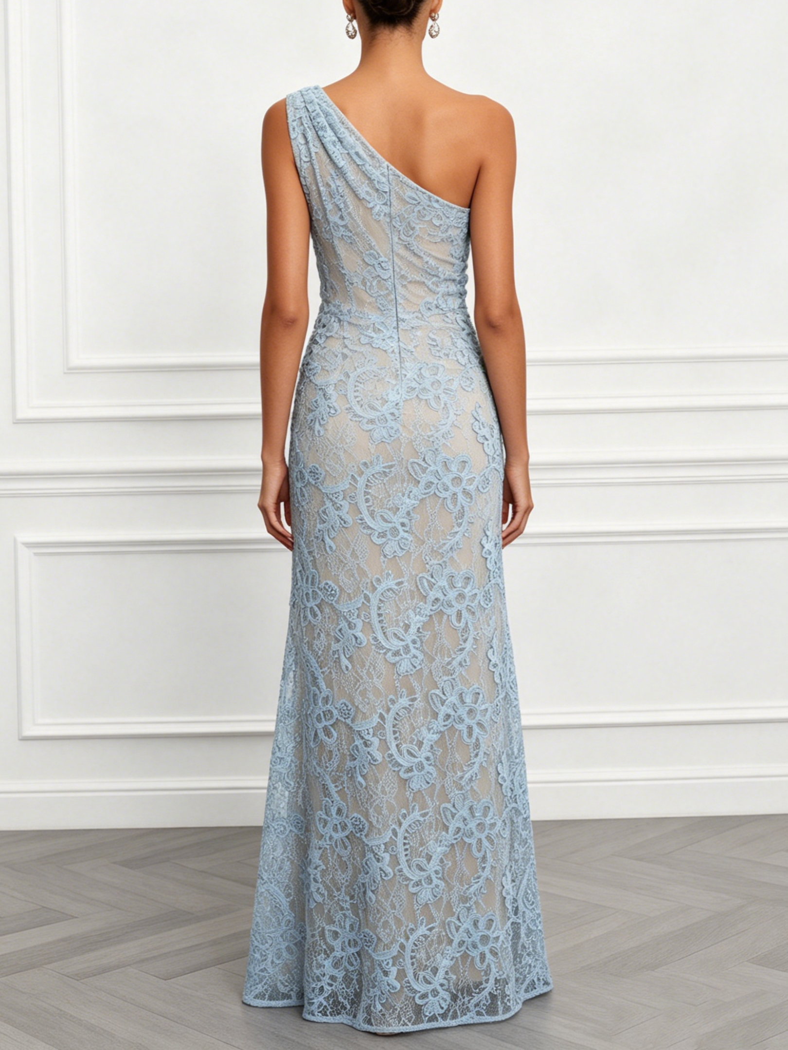 Light Blue Lace Jacquard One Shoulder Sleeveless Mermaid Maxi Dress