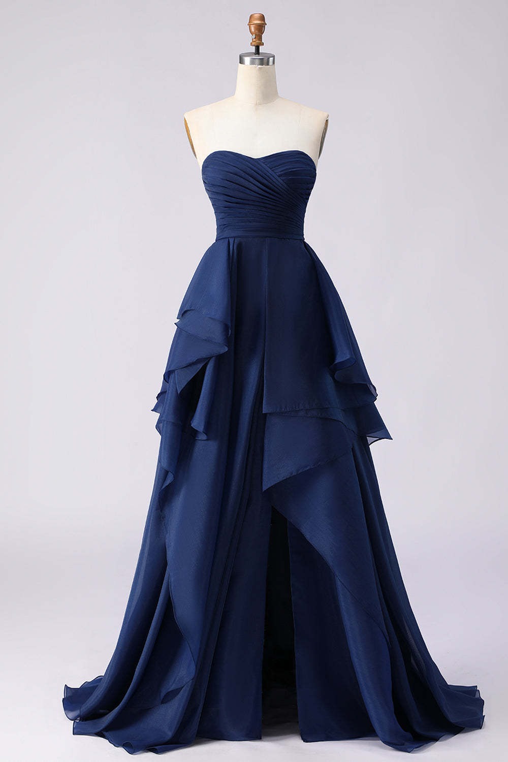 Navy A Line Sweetheart Ruffled Backless Long Prom Dress