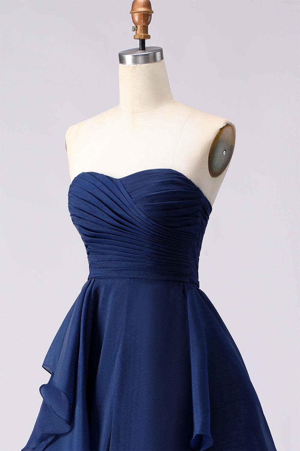 Navy A Line Sweetheart Ruffled Backless Long Prom Dress