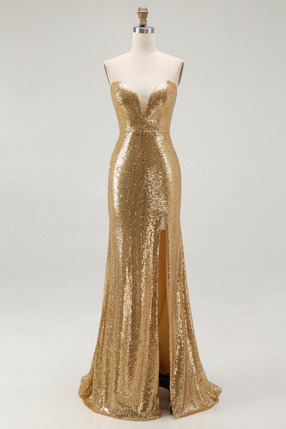 Sparkly Strapless Gold Mermaid Sequined Formal Dress with Slit