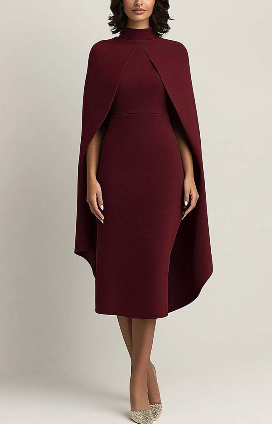 Burgundy Sheath Ankle-Length Formal Dress with Cape